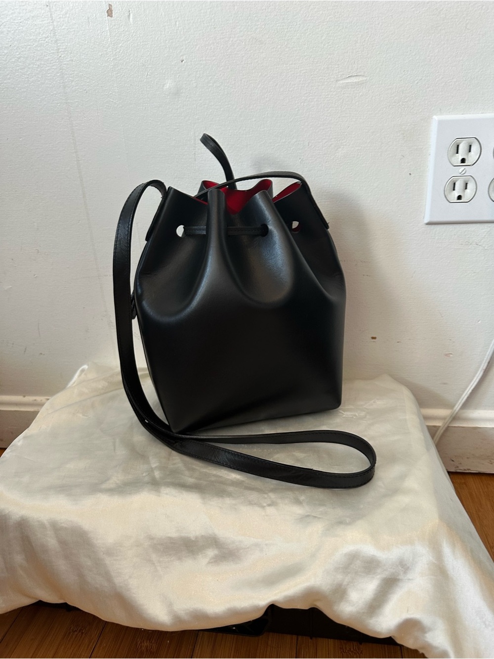Mansur Gavriel Black Bucket Crossbody with Red Interior